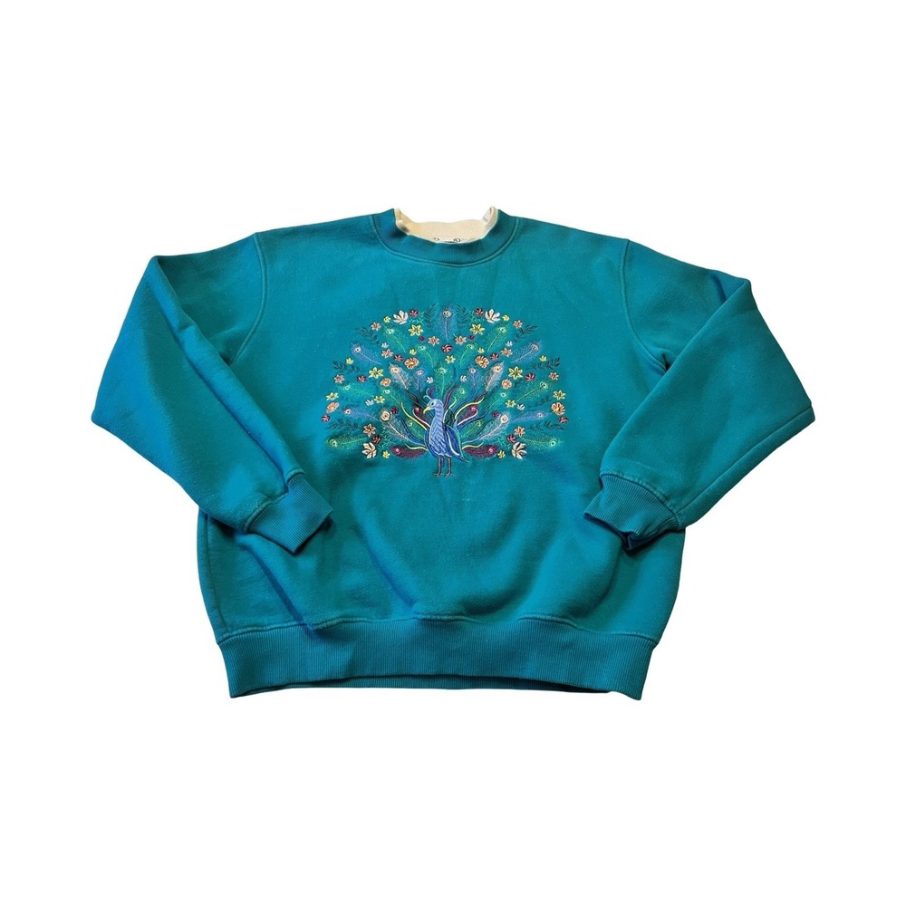 King Universal Teal Blue Embroidered Peacock Floral Sweatshirt Womens‎ Medium